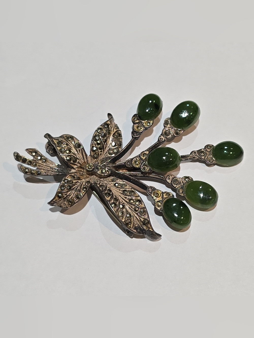 Vintage Sterling Silver Jade & Marcasite Flower Pin Brooch Nouveau Signed